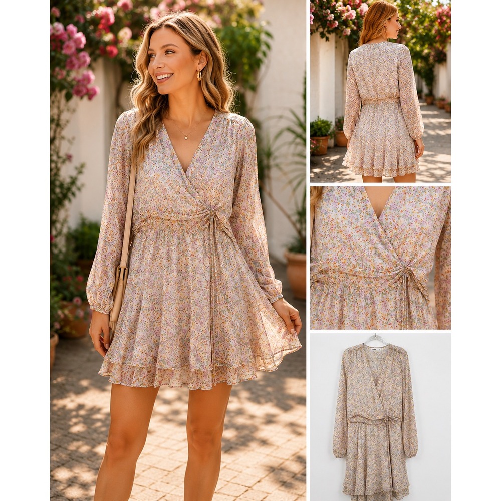 Elodie Floral Chiffon Mini Dress Pink‎ Yellow Long Sleeve V-Neck L ELDY1800-NR